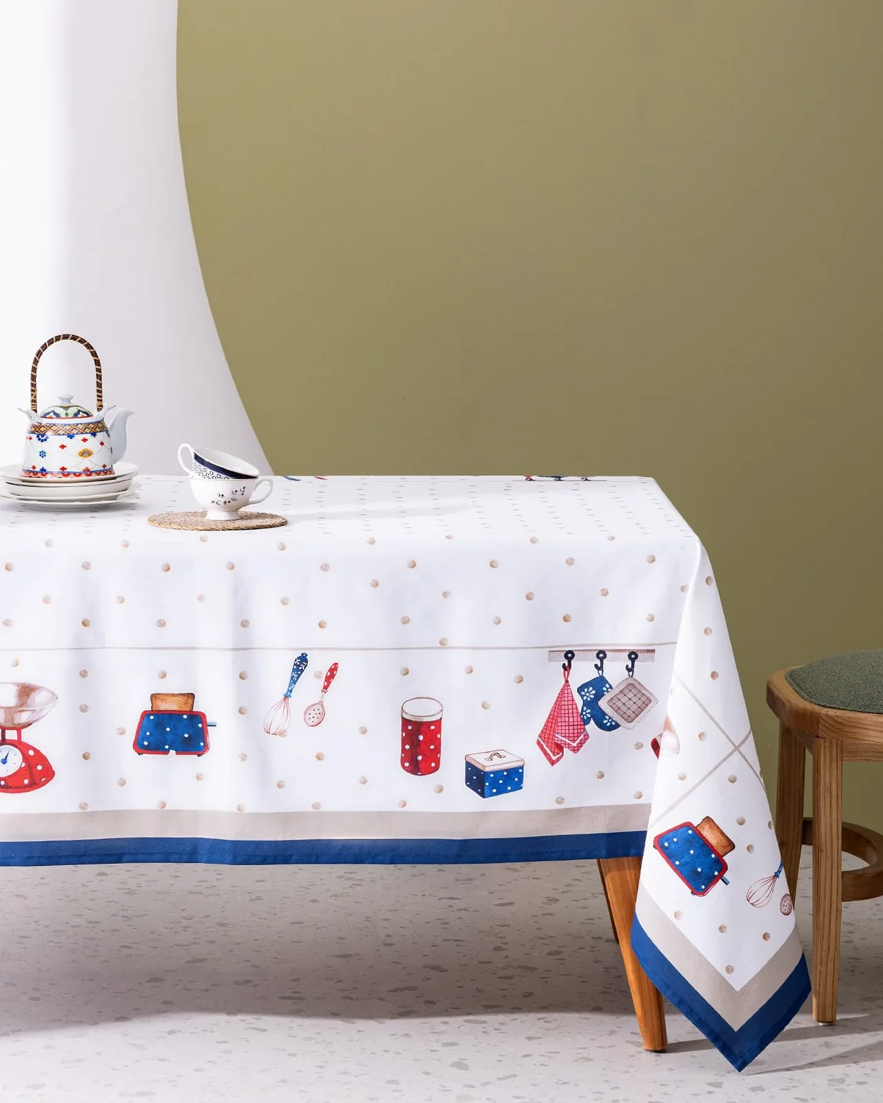 Asonne Polycotton Masa Örtüsü - Beyaz/Lacivert - 150x150 cm